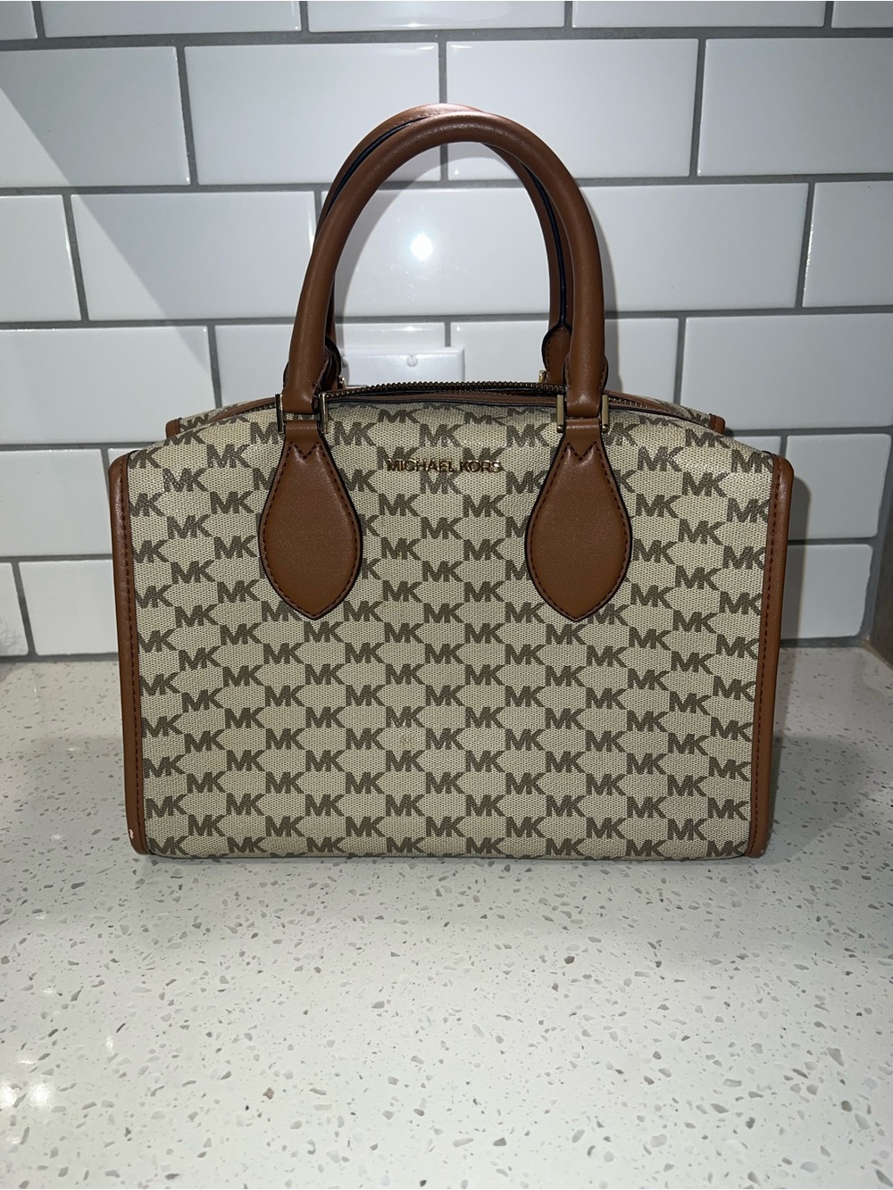 Michael Kors Tan and Cream MK Logo Satchel